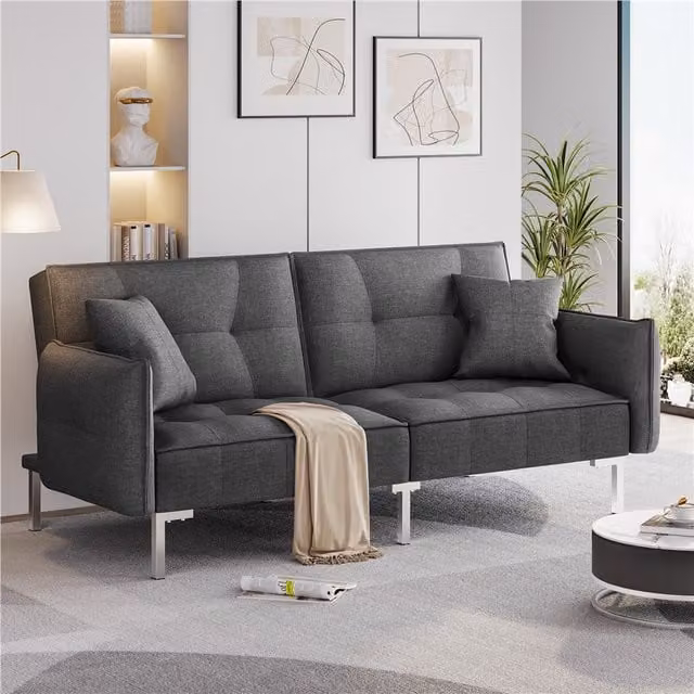 Yaheetech Convertible Upholstered Sofa with 2 Pillows in Dark Grey