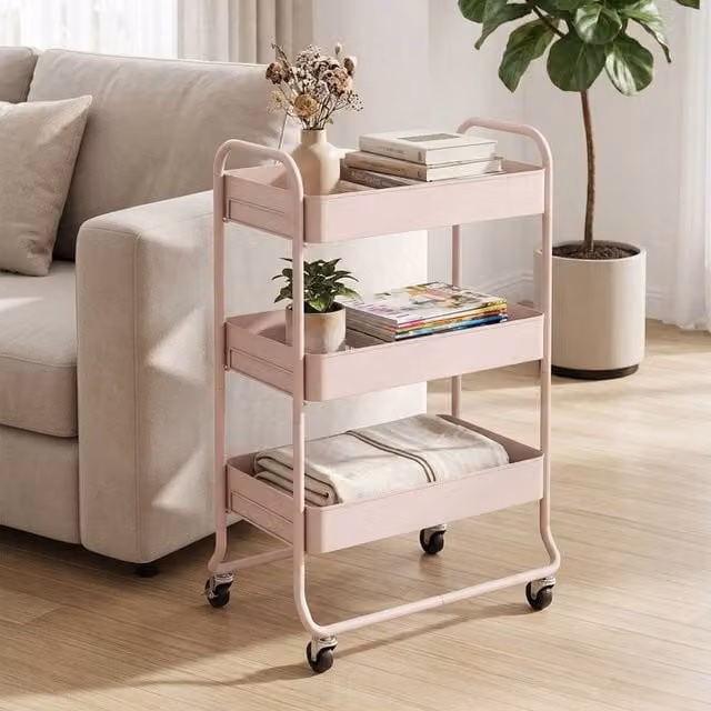 STILVORA Storage Trolley with 3 Baskets on Wheels in Pink, W/D/H: 34.0 x 34.0 x 87.0 cm