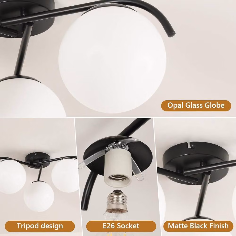Goeco Modern Ceiling Light with White Glass Globe and Black Metal Frame, E27 Socket – 3