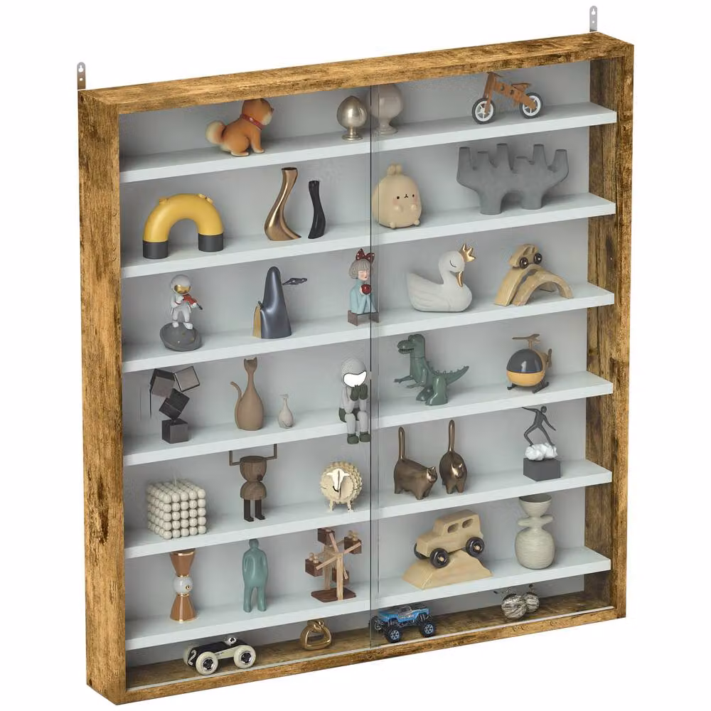HOMCOM 7-Tier Wall Mounted Display Cabinet with Glass Doors and Adjustable Shelves in Brown – 2