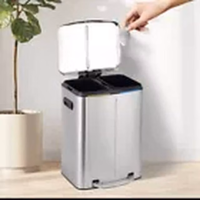 Kelvenix Double Metal Step Rubbish Bin, 2 x 20L Silver Steel Pedal Bins with Soft Close and Removable Inner Buckets