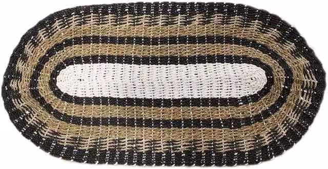 Serenityy Oval Woven Seagrass Rug in Black, White and Beige, W/D: 60 x 120 cm