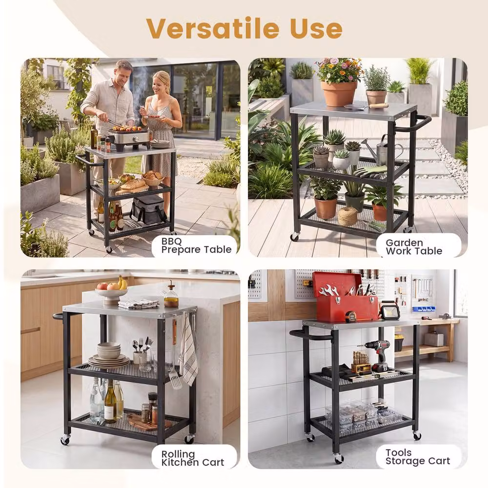 Costway 3-Tier Rolling Metal Kitchen and Garden Utility Cart with 6 Hanging Posts in Black – 9