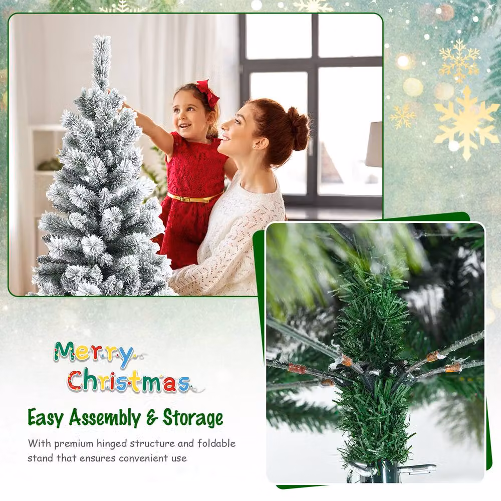 Gymax 185 cm Illuminated Green Christmas Tree with Multicolour Snowflakes – 4