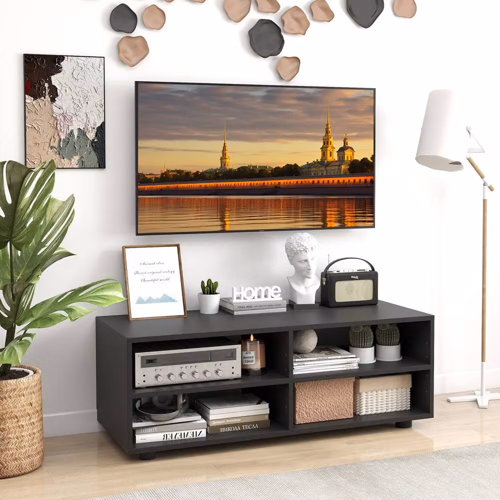 Gymax Modern Black Entertainment Center TV Stand with 4 Compartments, Width: 90 cm – 3