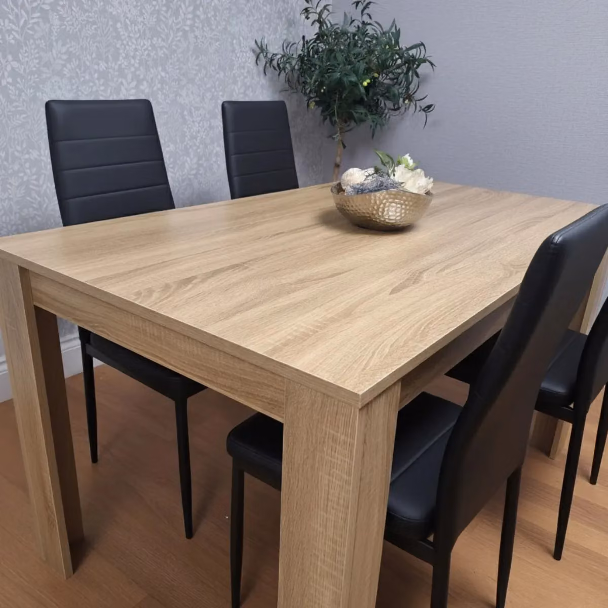 Kosy Koala Oak Effect Dining Table Set with 4 Black Faux Leather Chairs in Brown – 2
