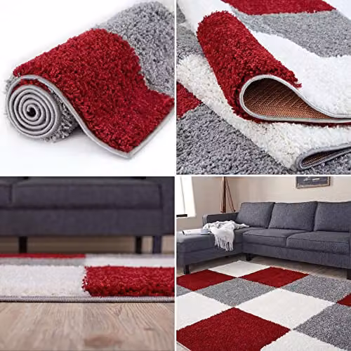 THE RUGS Modern Checked Shaggy Area Rug, Red and Grey, W/D/H: 180 x 270 x 3 cm – 5