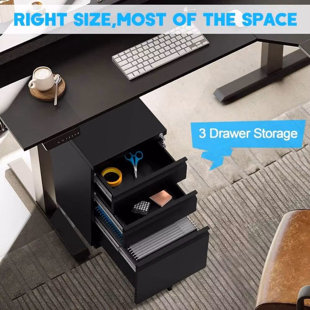 VOGREX 3 Drawer Lockable Mobile Under Desk Filing Cabinet in Black – 5
