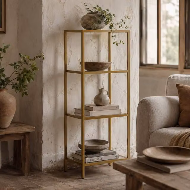 Wyld Haus Nopatti 4 Tier Gold Metal and Glass Vertical Shelving Unit W/D/H: 30.0 x 40.0 x 96.5 cm