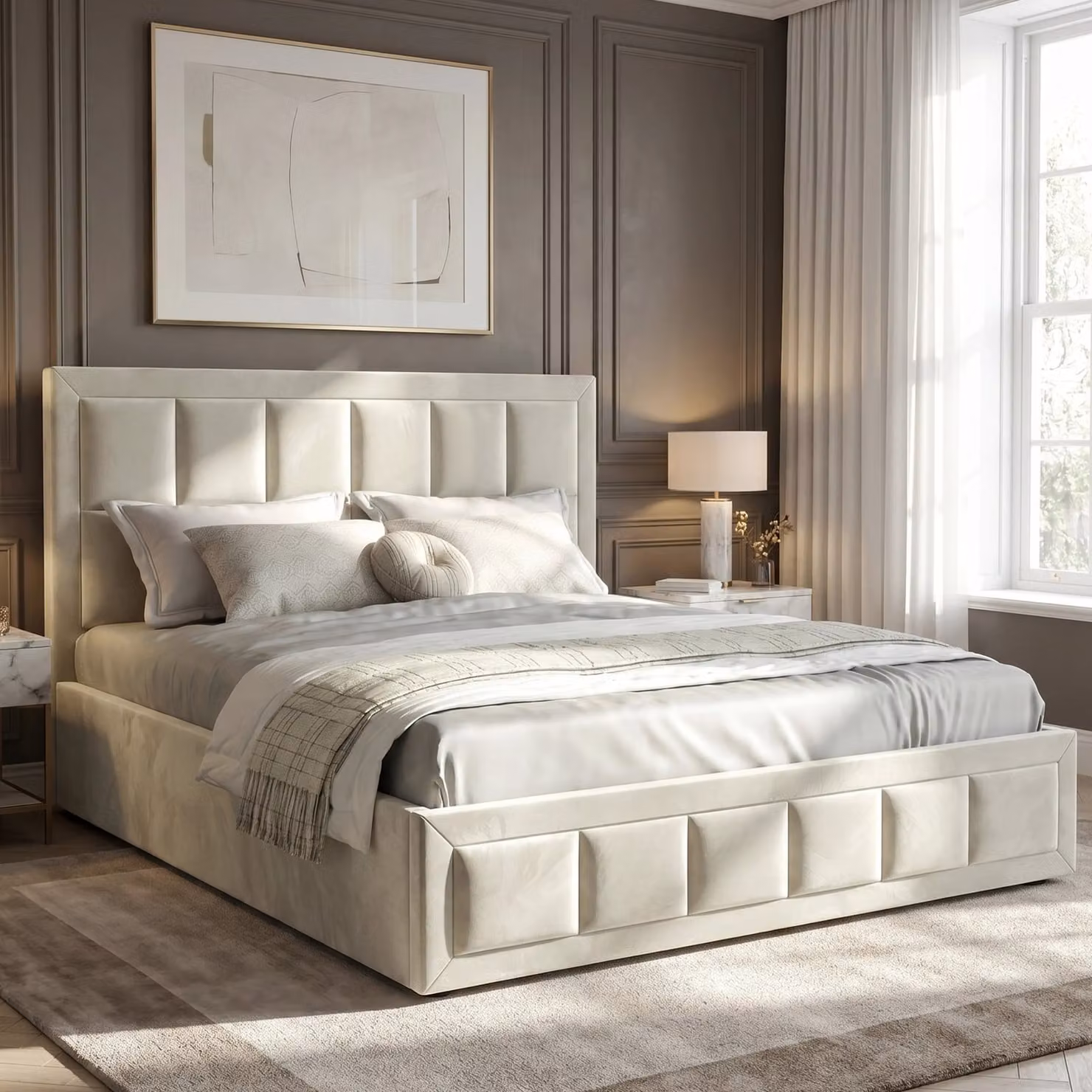 DHS Beige Velvet Ottoman Storage Bed Frame with End Lift Base, W/D/H: 120 x 200 cm