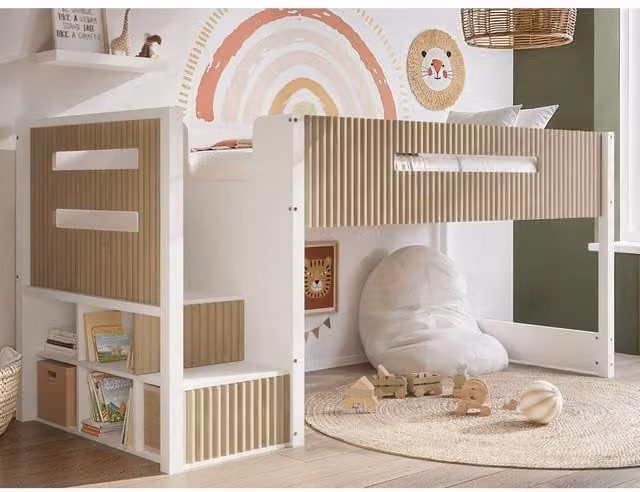 Flair Luca Ribbed Mid Sleeper Bed in Light Oak with Stairs and Side Compartments, Single – 1