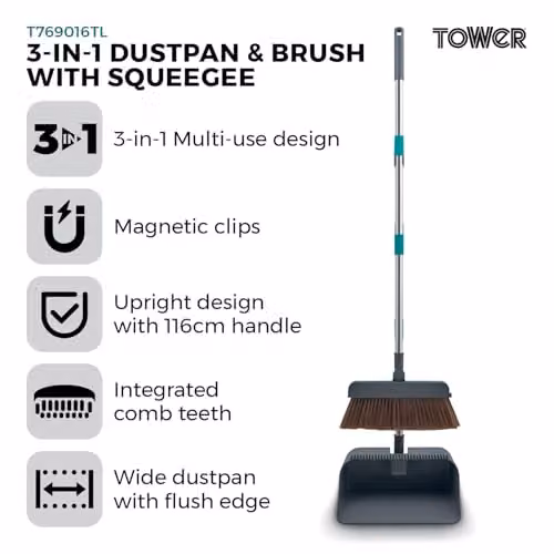Tower 3 in 1 Dustpan and Brush with Squeegee, Upright Design, Anthracite and Petrol – 2