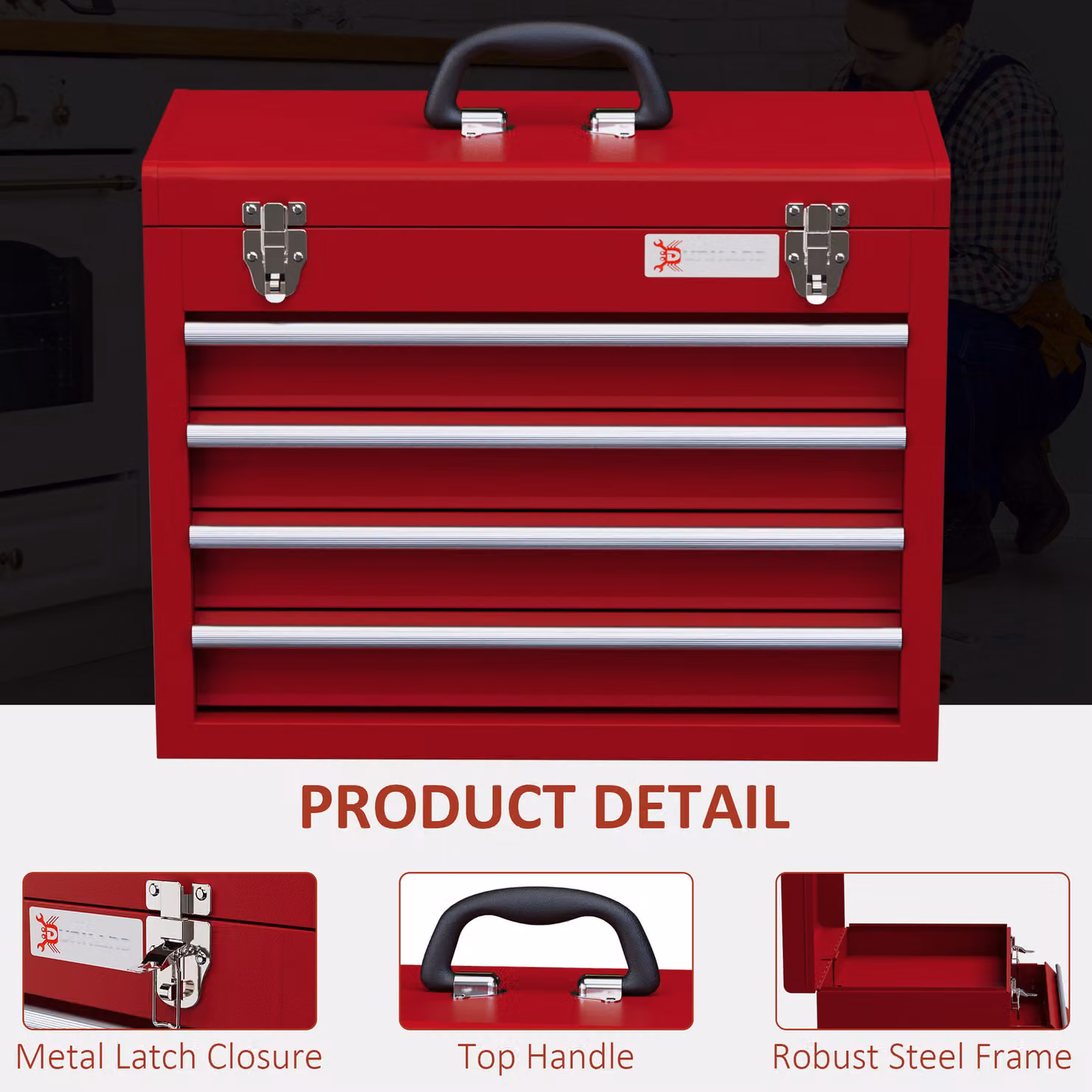 DURHAND Red Metal 4 Drawer Lockable Tool Box with Ball Bearing Runners – 4