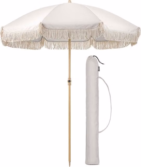 Christow Portable White Cotton Tassel Parasol with Steel Central Pole