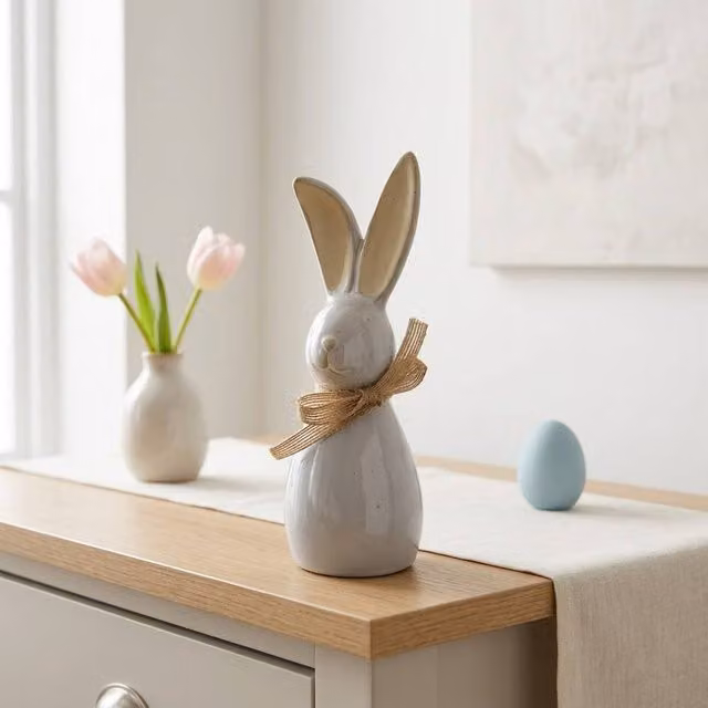 Garden Greatness Springtime Decorative Ceramic Bunny Bow in Grey and Multicolour