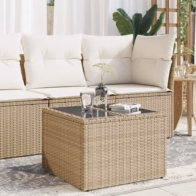 Berkfield Home Beige Poly Rattan Garden Table with Glass Top, W/D/H: 55 x 55 x 37 cm