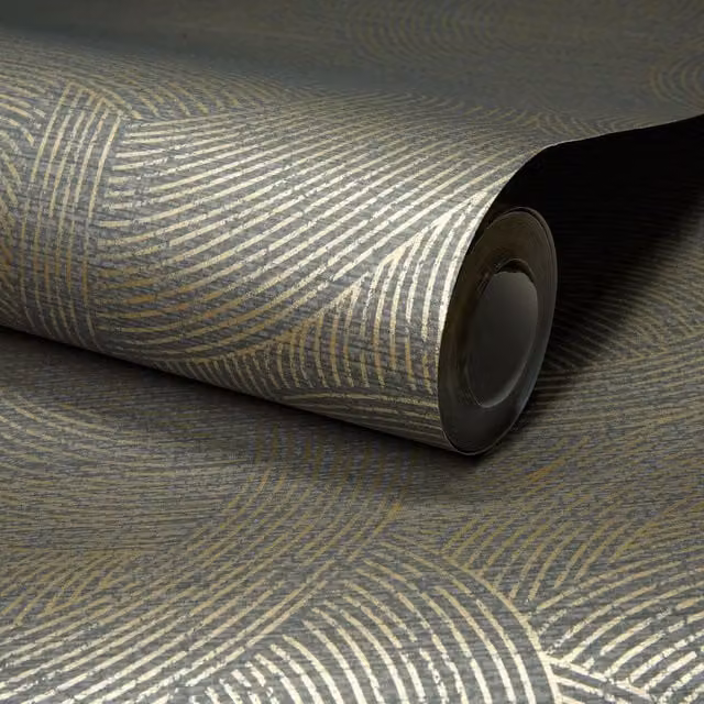 Grandeco Maze Abstract Geometric Art Deco Wallpaper in Black and Gold