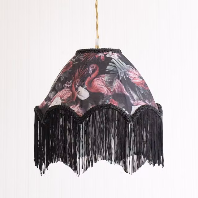 ValueLights Rosette Flamingo Scalloped Ceiling Pendant Light Shade with Tassels and LED Bulb, Black