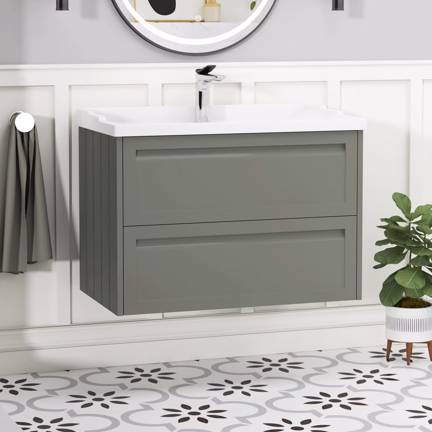 Royal Bathrooms Elmore 800mm Traditional Wall Hung 2 Drawer Vanity Unit in Matt Green with Ceramic Basin