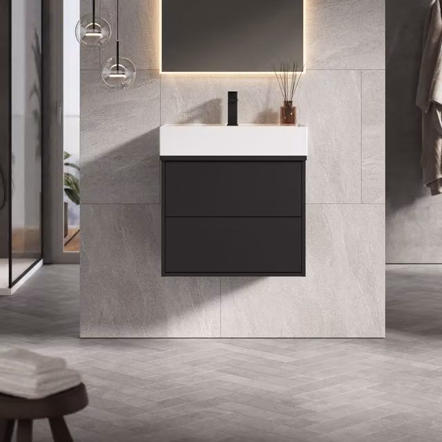 Banyetti Venti 600mm Wall Hung Vanity Unit with Veneto 1 Tap Hole Basin, Matt Black (W: 60 cm, D: 45 cm, H: 48 cm)