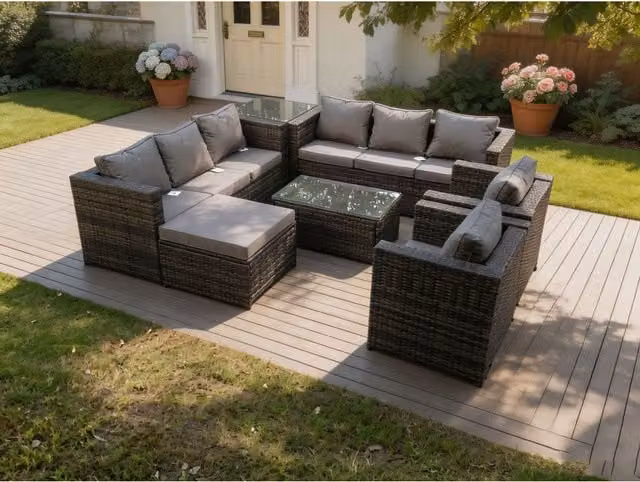 Fimous L-Shape Outdoor Rattan Garden Furniture Set in Grey with 3-Seater Sofa, Armchair, Coffee Table and Ottoman
