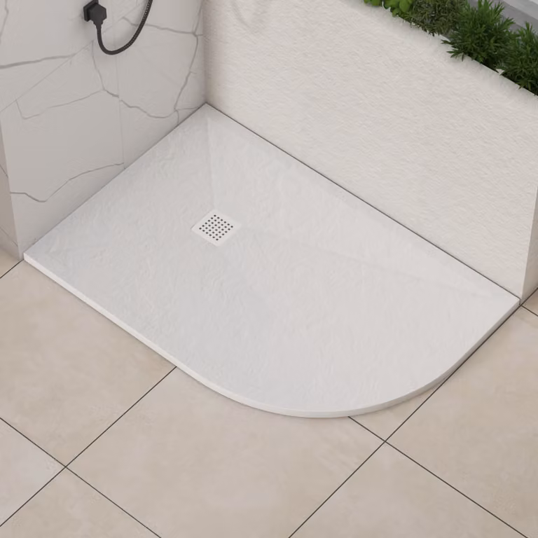 Luxor Offset Quadrant Stone Shower Tray, White Slate Effect, Right Handed, with White Grate, W/D/H: 120 x 80 x 3 cm