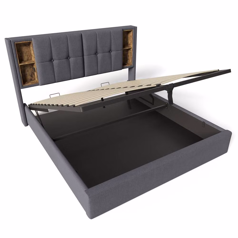 BTM Grey Upholstered Hydraulic Storage Bed Frame with Wireless Charging and USB Ports, W/D/H: 180 x 200 cm – 8