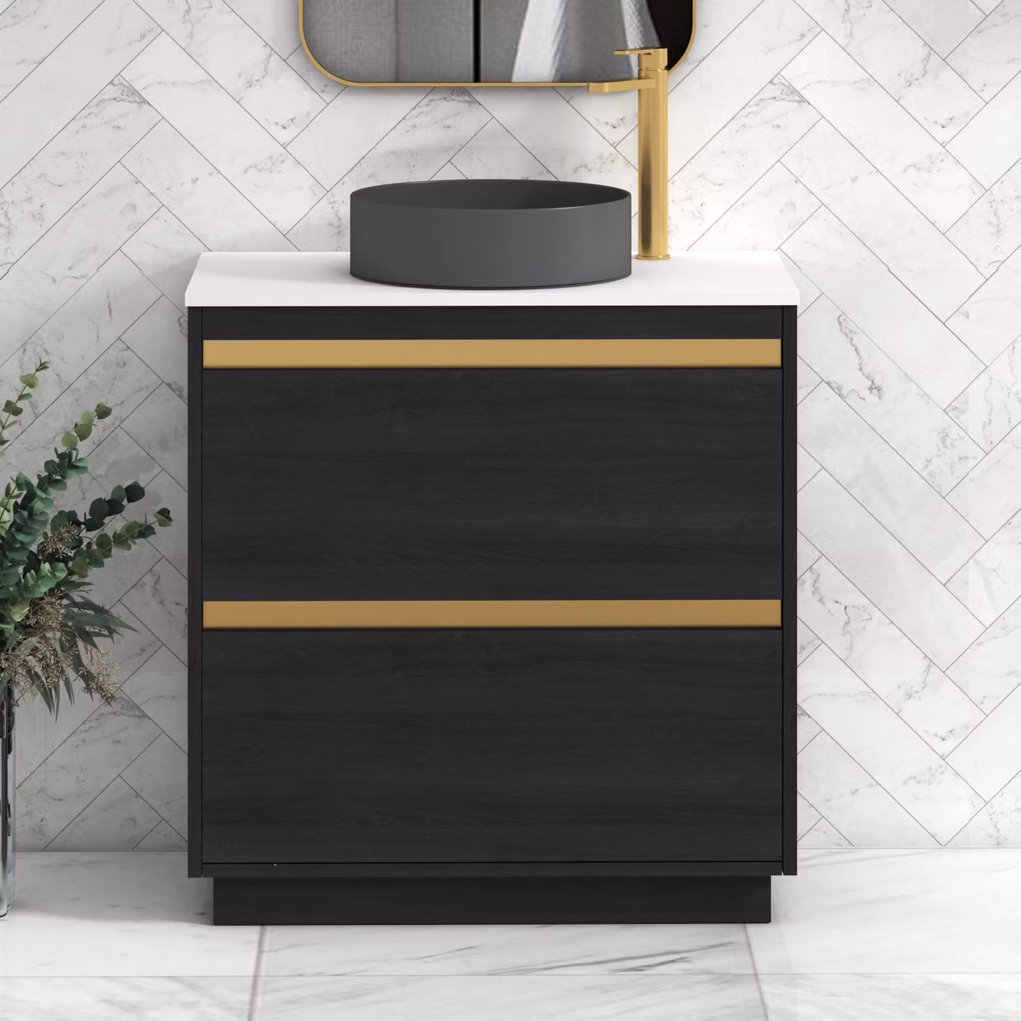 Royal Bathrooms Orion 800mm Hale Black and White Floor Standing Vanity Unit with 2 Drawers, Art Round Basin and Brushed Brass Accent Trim