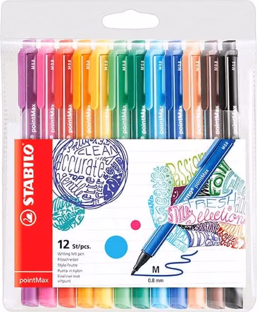 STABILO pointMax Fineliner Nylon Tip Pens, Multicolour, 12 Pack