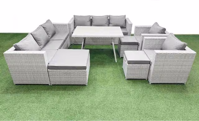 Fimous 11 Seater Light Grey Polyrattan Garden Sofa and Dining Set with Glass Table