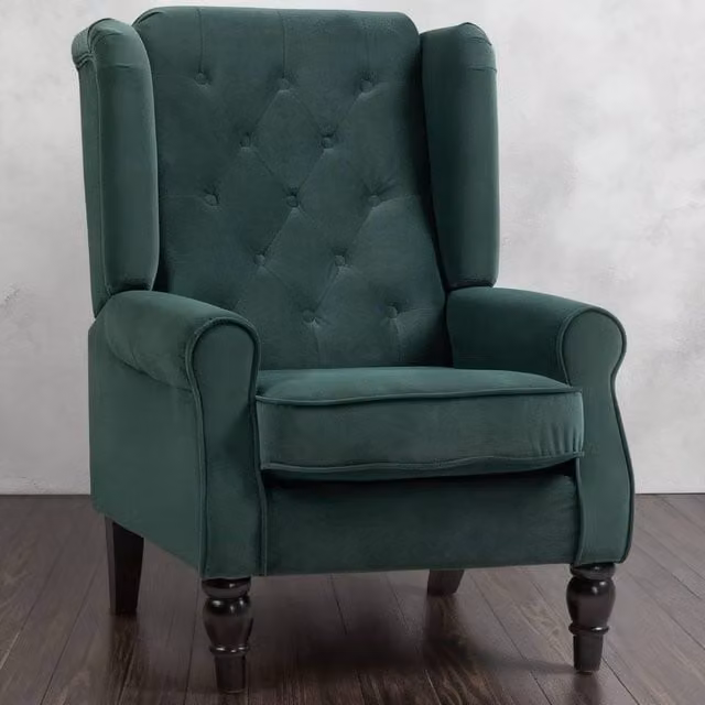 ERGOVEXA Retro Green Velvet Wingback Accent Chair with Solid Wood Frame, W/D/H: 74.0 x 102.0 x 86.0 cm