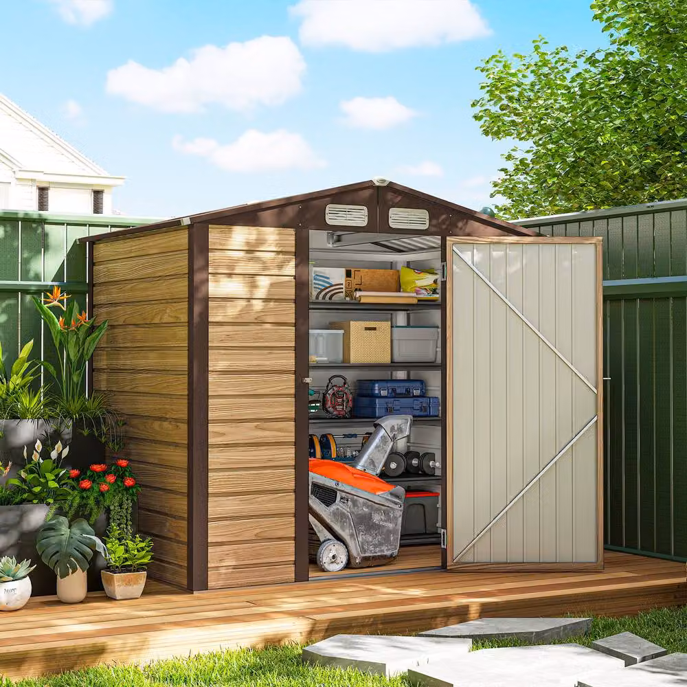 Rolipo Galvanised Steel Garden Shed with Lock, Oak Brown, W/D/H: 121.92 x 188.0 x 188.0 cm – 3