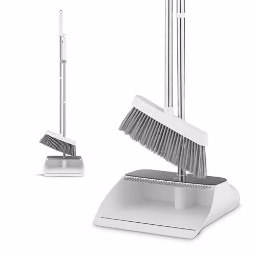 Swan Elevate Long-Handled Dustpan and Brush Set with Angled Feathered Soft Bristles and Built-in Retractable Comb, White – 1