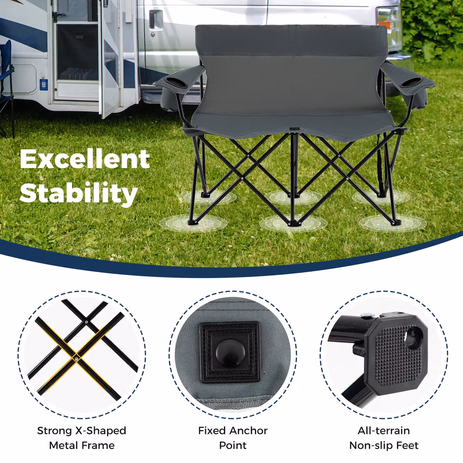 Gymax Oversized Double Camping Chair for 2 Adults in Grey with Metal Frame and Cup Holders – 6