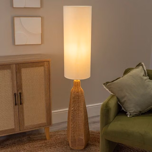 ValueLights Una White Tall Rattan Midi Floor Lamp with Wood Details