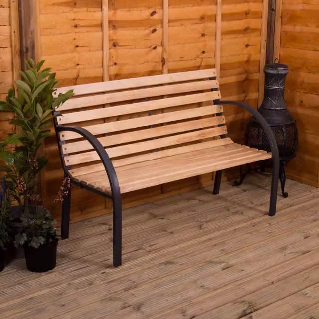 Vida Designs Modern Slatted Garden Bench in Brown Wood and Metal