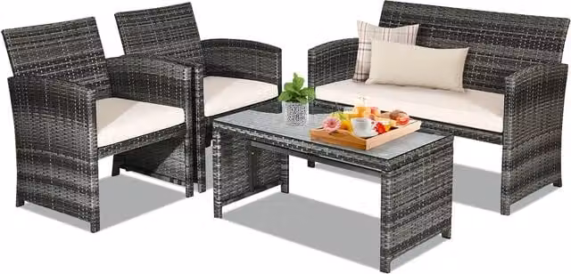 Costway 4 Piece Rattan and Metal Outdoor Patio Conversation Furniture Set in Grey