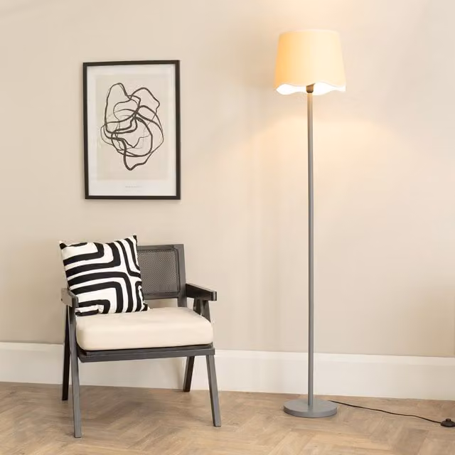 ValueLights Heather Wood Floor Lamp with White Fabric Cylinder Shade