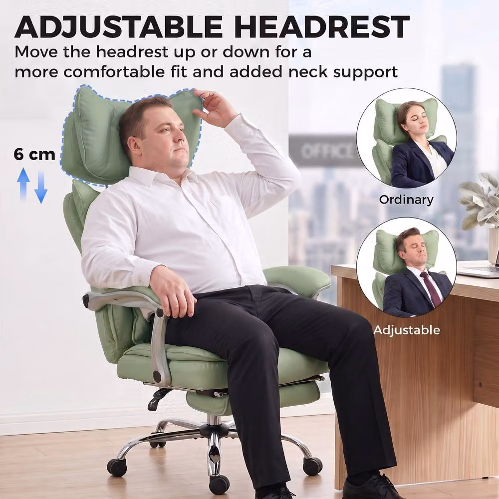 HOMCOM Executive Big and Tall Office Chair in Light Green with Synthetic Leather, Headrest and Foot Ring – 3