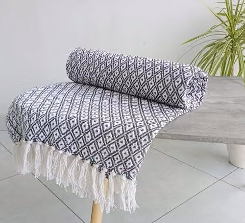 Rapport Home Eden Geometric Cotton Throw in Charcoal Grey, W: 127 cm, D: 152 cm