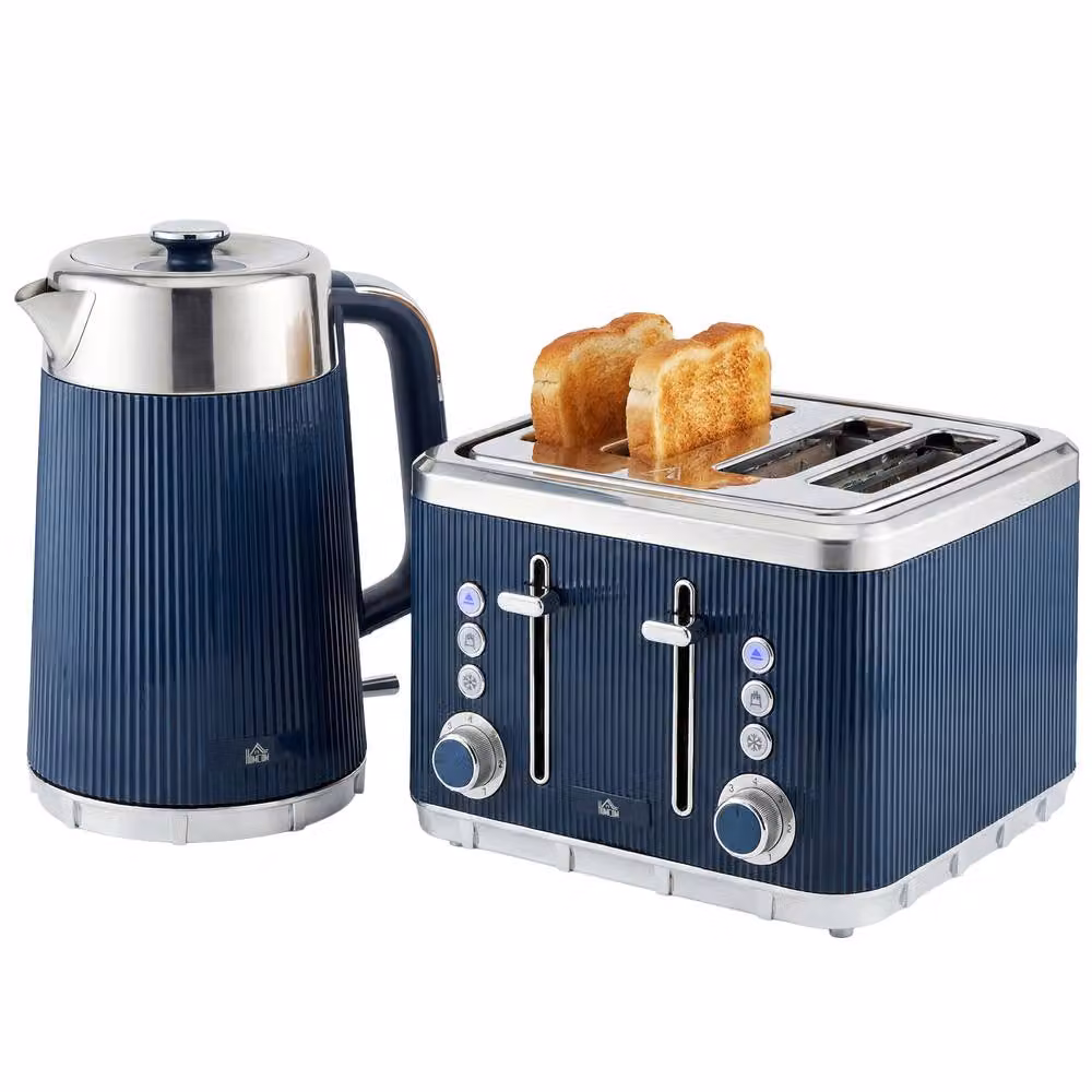 HOMCOM Rapid Boil Kettle 1.7L and 4 Slice Toaster Set with Crumb Tray in Dark Blue – 2