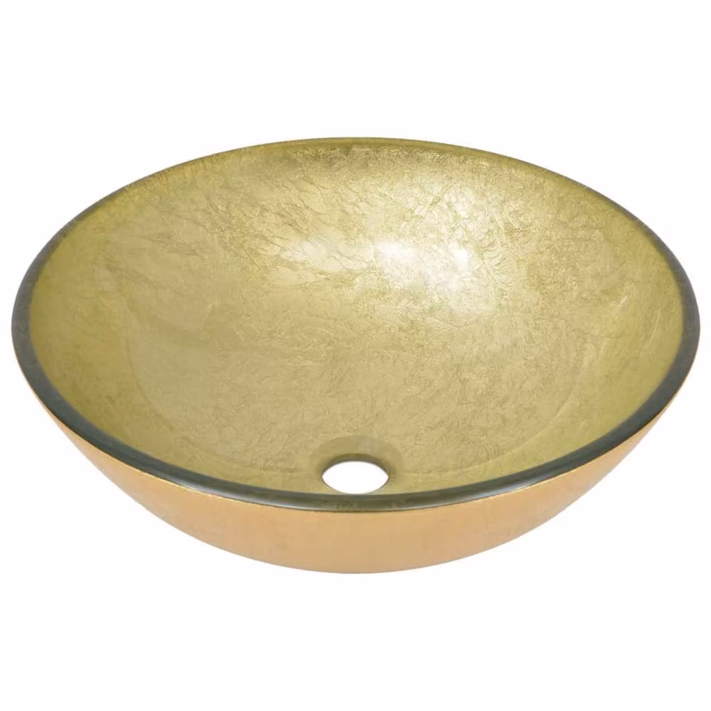 Berkfield Home Gold Round Tempered Glass Countertop Bathroom Sink with Tap and Push Drain – 3