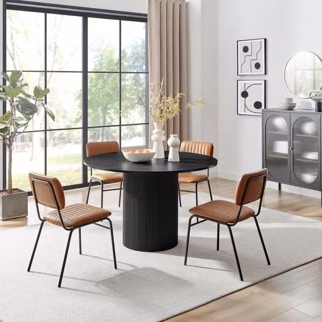 FurnitureboxUK Penrose Black Round Dining Table and 4 Tan Delta Chairs Set, Diameter: 120 cm