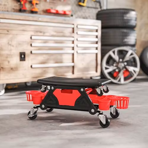 HOMCOM Rolling Mechanic Workshop Stool, Red – 7