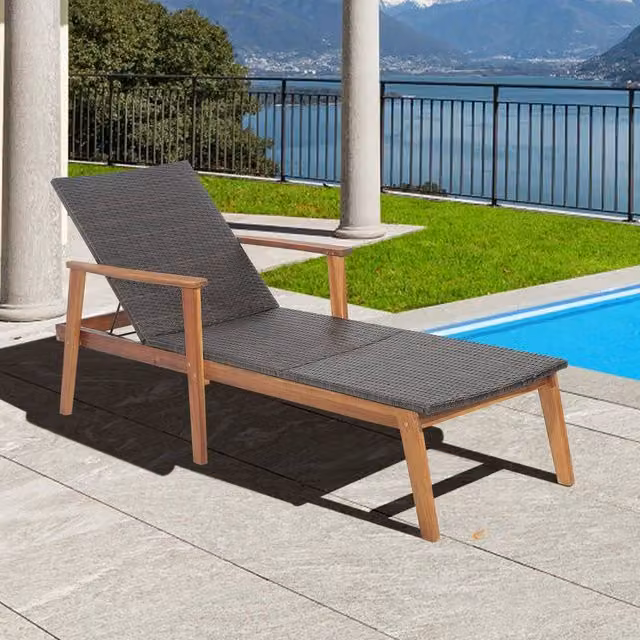 Costway Brown Rattan Outdoor Patio Chaise Lounge Recliner with Acacia Wood Frame – 1