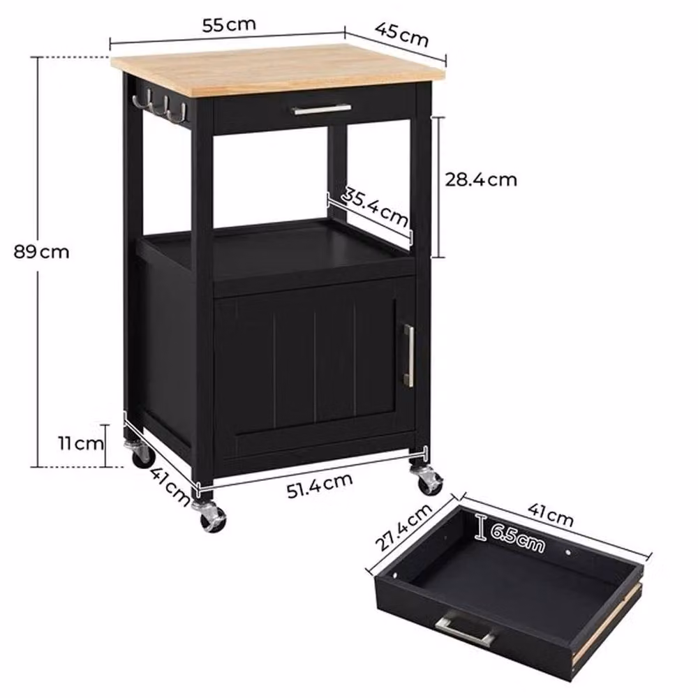 KORVIXA Rolling Kitchen Trolley Cart Storage Island in Black, W: 70 cm, H: 65 cm – 2