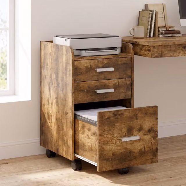ERGOVEXA 3 Drawer Filing Cabinet in Rustic Brown with Castors