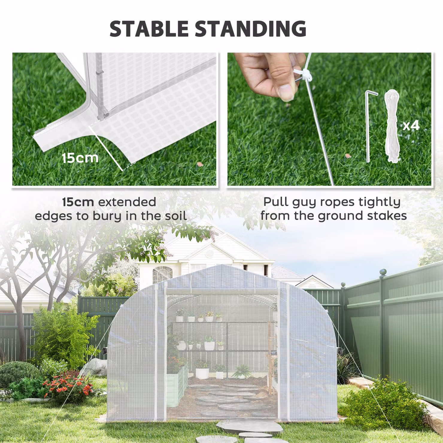 Outsunny Heavy Duty White Polytunnel with Sidewalls, Door and 8 Windows, W/D/H: 6 x 3 x 2 m – 6