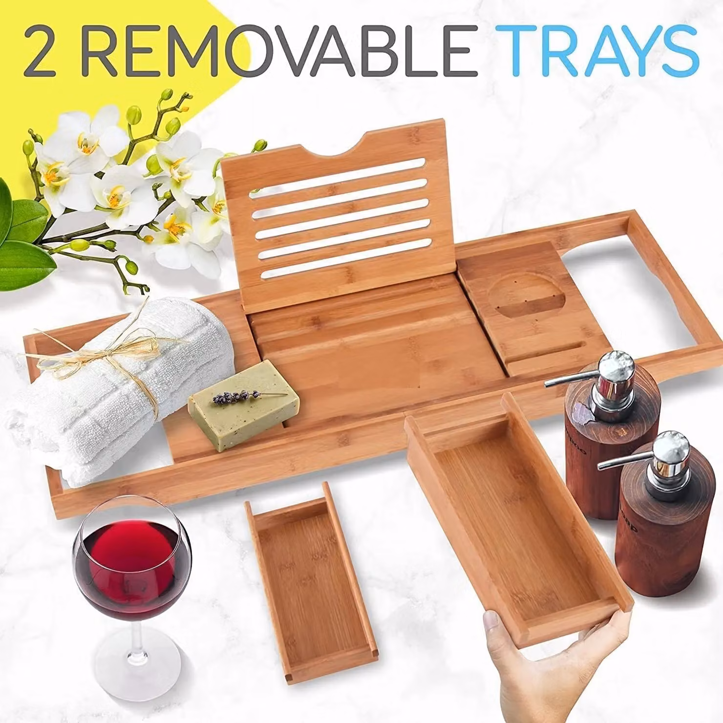 MANTRARAJ Extendable Bamboo Bath Caddy Tray with Tablet and Wine Holder in Brown – 2