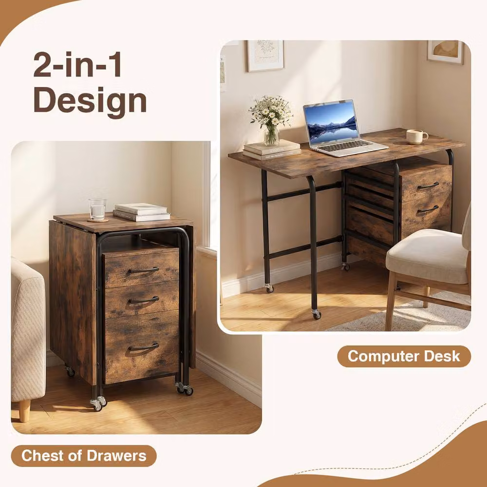 Costway Folding Computer Desk with 3 Drawers in Brown – 9